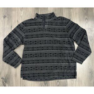 LL Bean Fleece Pullover Jacket Sweater Mens Black Aztec XL Button Neck Mock